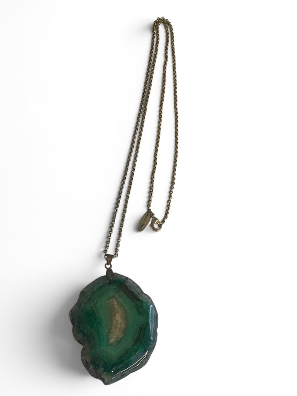 Nora Dame Natural Green Banded Agate Druzy Geode Long Pendant Necklace